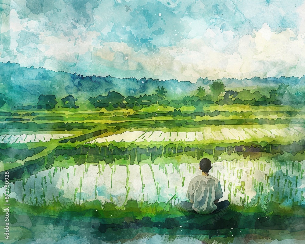 Obraz premium Man meditating in a rice paddy, lush green fields, serene farming landscape, Watercolor style