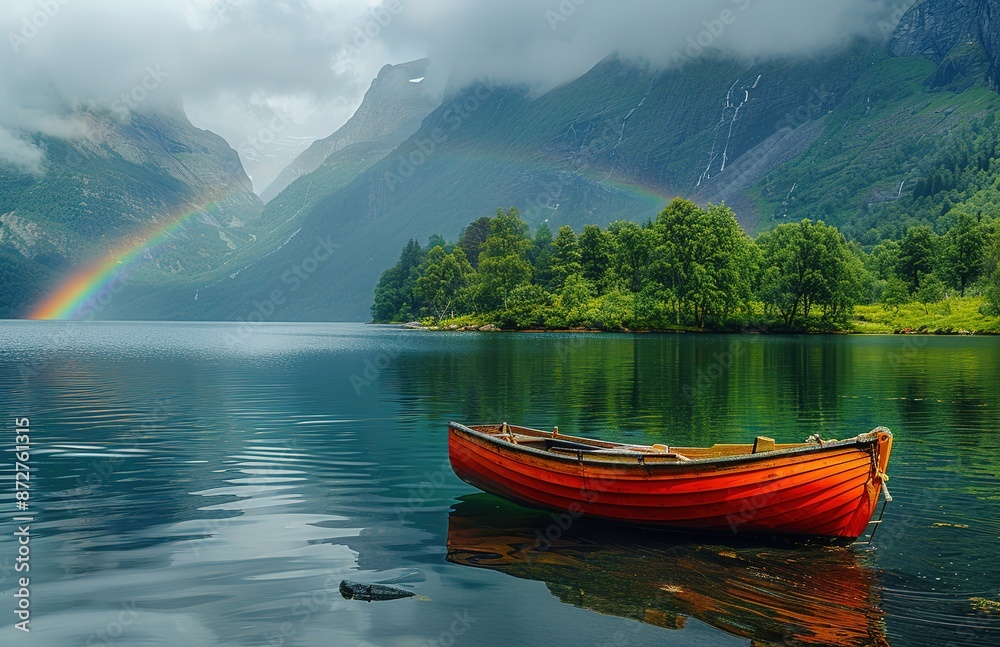 Serene mountain lake with a solitary red boat and a vibrant rainbow. Serene mountain lake with a solitary red boat and a vibrant rainbow.
