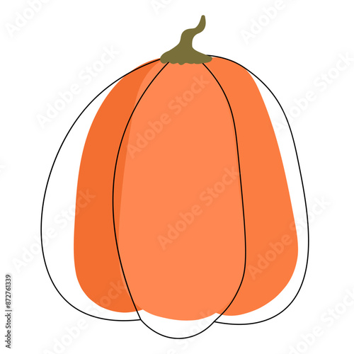 Big tall orange ripe pumpkin in abstract flat style. Minimalistic monochrome pumpkin with decorative contour black lines. Isolated on white. Autumn harvest season. Natural products.