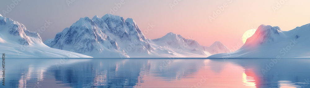Serene winter landscape with majestic snow-covered mountains reflected in a calm frozen lake at sunrise. Serene winter landscape with majestic snow-covered mountains reflected in a calm frozen lake at sunrise.