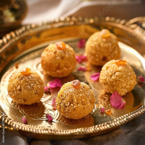 Design an image showcasing 6 tempting besan laddoos photo