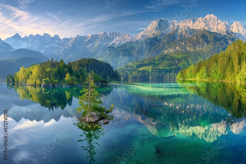Stunning Landscape of Eibsee Lake in the Alps with Crystal Clear Waters Reflecting Majestic Mountains and Lush Greenery, Sun Casting a Warm Glow Over the Scene, Creating Picturesque Natural Beauty