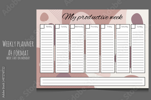 Horizontal A4 template abstract weekly planner with days of the week, without dates. The week starts on Monday. Abstract shapes in pink colors. Isolated on gray background. Place for notes.