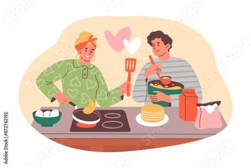 Mother and son cooking pancakes in vector scene. Flat isolated sticker.