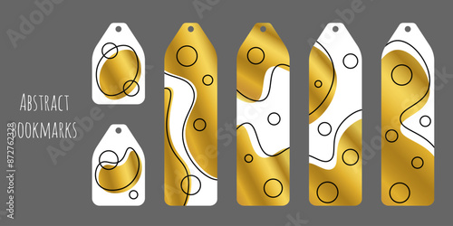 Vertical white bookmarks set with abstract gold gradients spots and lines. Vector bookmarks prints templates for reading. Minimalistic and modern original golden design. Isolated on gray background.