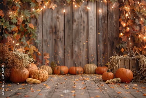 Pumpkins stacked on wooden boards with sparkling lights in the background photo