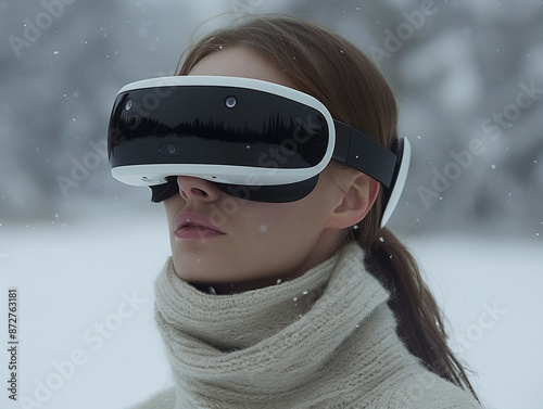 Woman wearing virtual reality headset in a snowy outdoor setting, blending technology with nature. Perfect for VR and winter themes. © Puckung