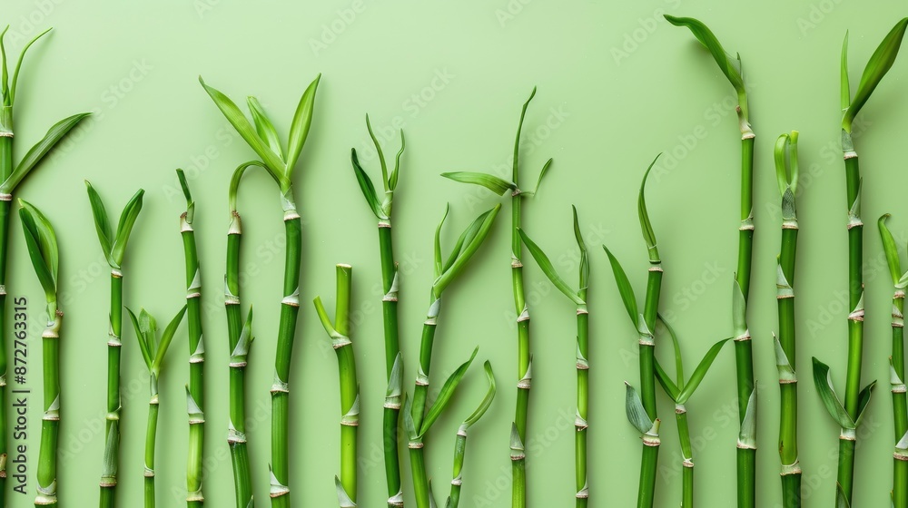 Fototapeta premium Bamboo sprouts arranged against green backdrop