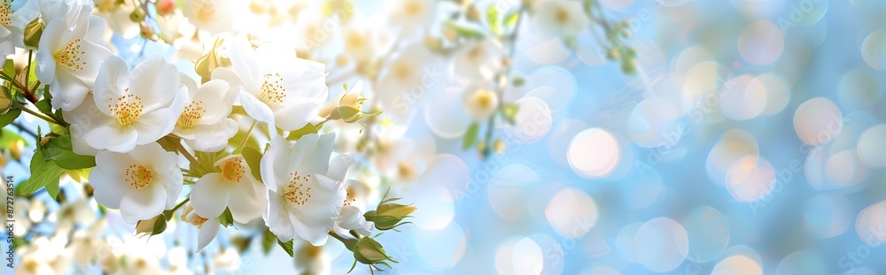 Fototapeta premium Springtime White Flowers & Blue Sky Banner