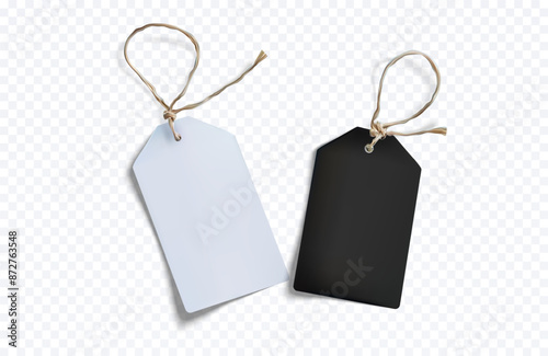These meticulously designed vector tags feature a white and a black tag with rustic strings, ideal for branding, labels, and price tags on a transparent background.