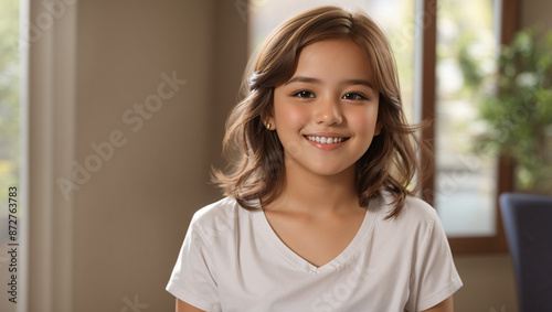The image is a close-up portrait of a young girl with long brown hair smiling at the camera. She is wearing a white shirt.
Free Download The image is a close-up portrait of a young girl with long brown hair smiling at the camera. She is wearing a white shirt.
- GFXLoad