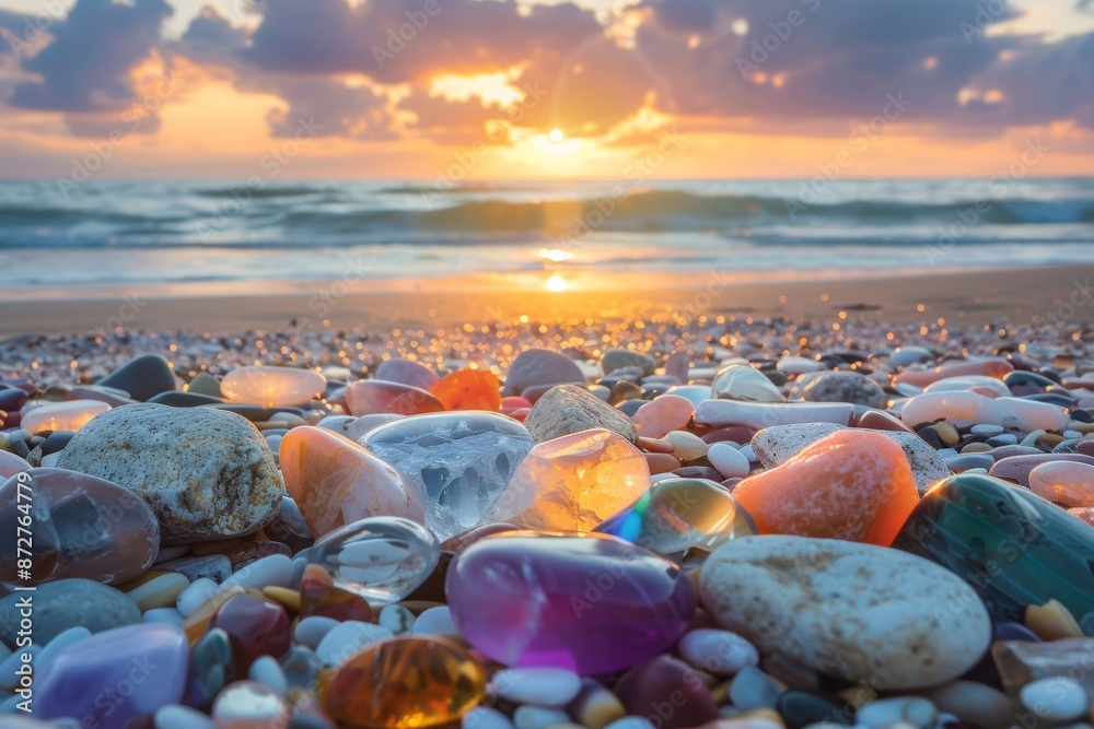 Vibrant gemstones adorn the sandy beach, creating fascinating colors and textures. Vibrant gemstones adorn the sandy beach, creating fascinating colors and textures.