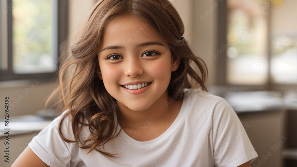 The image is a close-up portrait of a young girl with long brown hair smiling at the camera. She is wearing a white shirt.
The image is a close-up portrait of a young girl with long brown hair smiling at the camera. She is wearing a white shirt.
