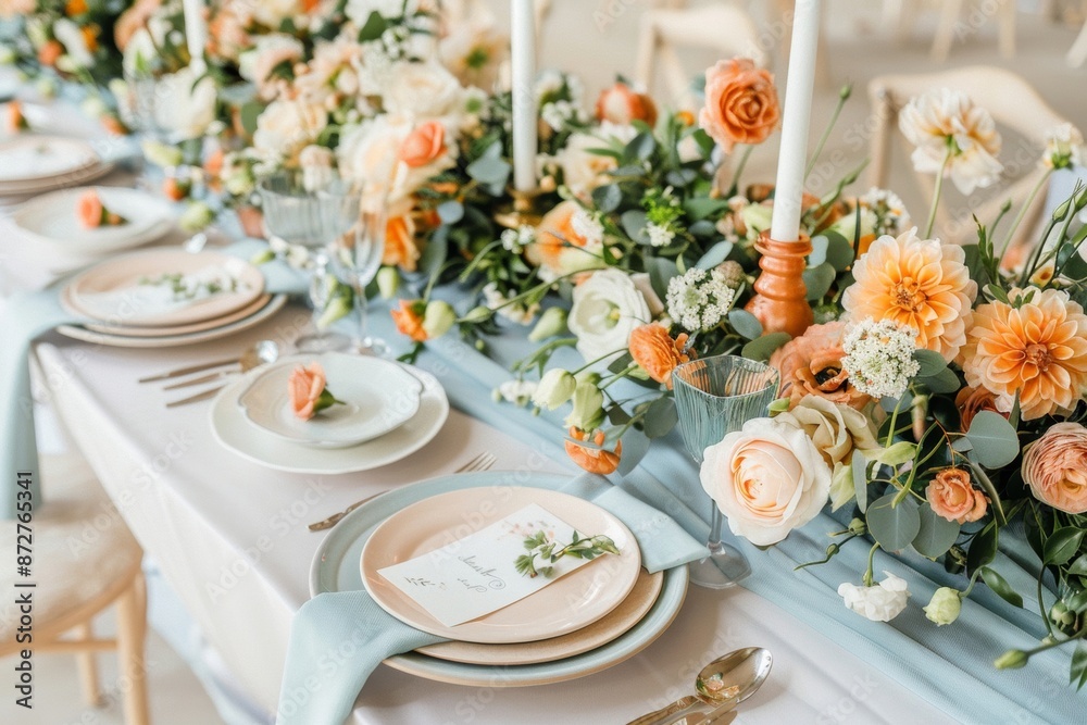 The stunning table setting, decorated with luxurious flowers and shiny cutlery, created a beautiful scene at the wedding reception. The stunning table setting, decorated with luxurious flowers and shiny cutlery, created a beautiful scene at the wedding reception.