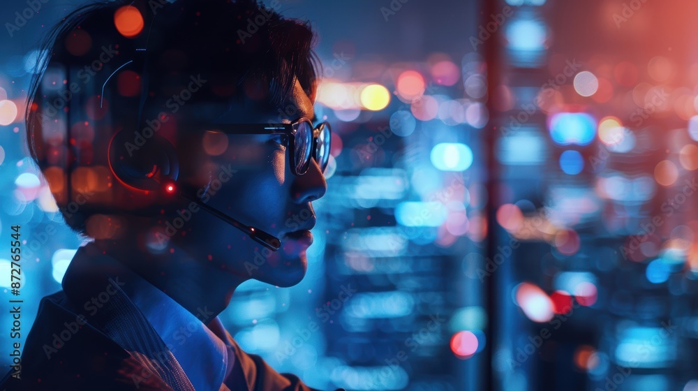 Urban tech support agent with city lights reflected in headset, vibrant cityscape, advanced technology Urban tech support agent with city lights reflected in headset, vibrant cityscape, advanced technology