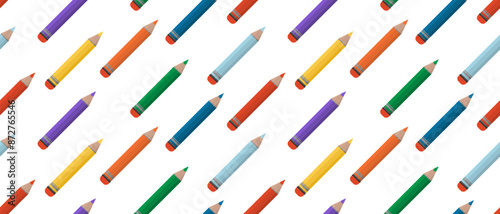 Cute seamless pattern with colorful kids pencils. Simple flat style pattern for school supplies. Horizontal children's vector ornament isolated on changeable white background.