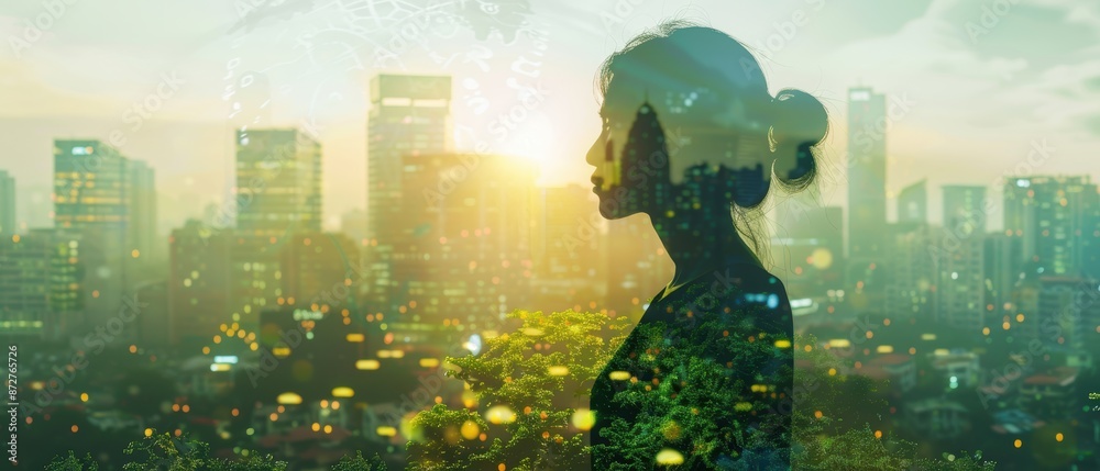 Obraz premium Silhouette of a person overlaid with urban green rooftops and growth symbols, sustainable living, city view
