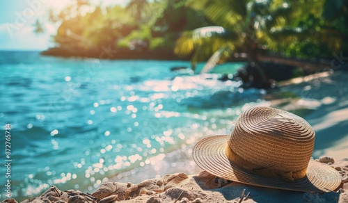 Focus shot of a straw hat on the beach, blurred background, scenic view, nature, beautiful photography