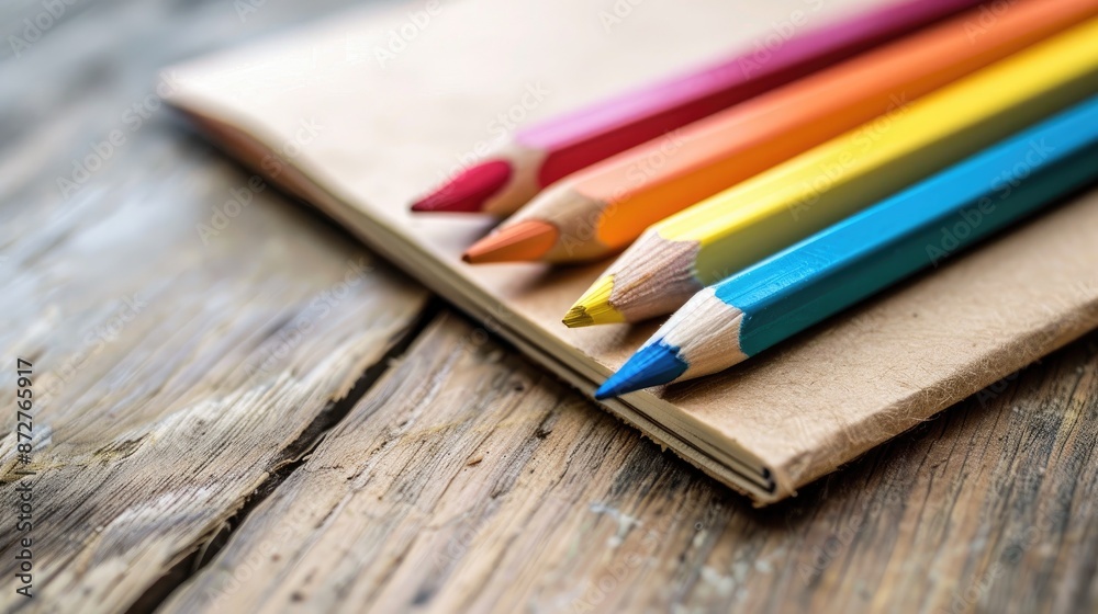 Colorful pencils resting on a wooden table next to an empty notebook Colorful pencils resting on a wooden table next to an empty notebook