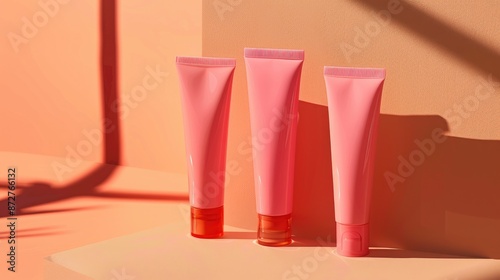 Wallpaper Mural Cosmetics in pink tubes on peach background with shadows Torontodigital.ca