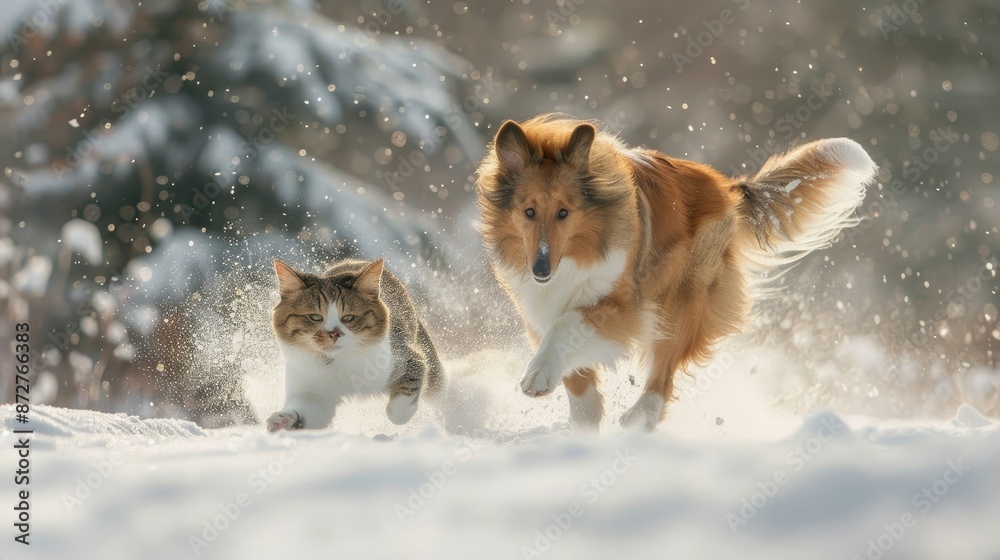 Collie pup pursuing tabby cat in the snow Collie pup pursuing tabby cat in the snow