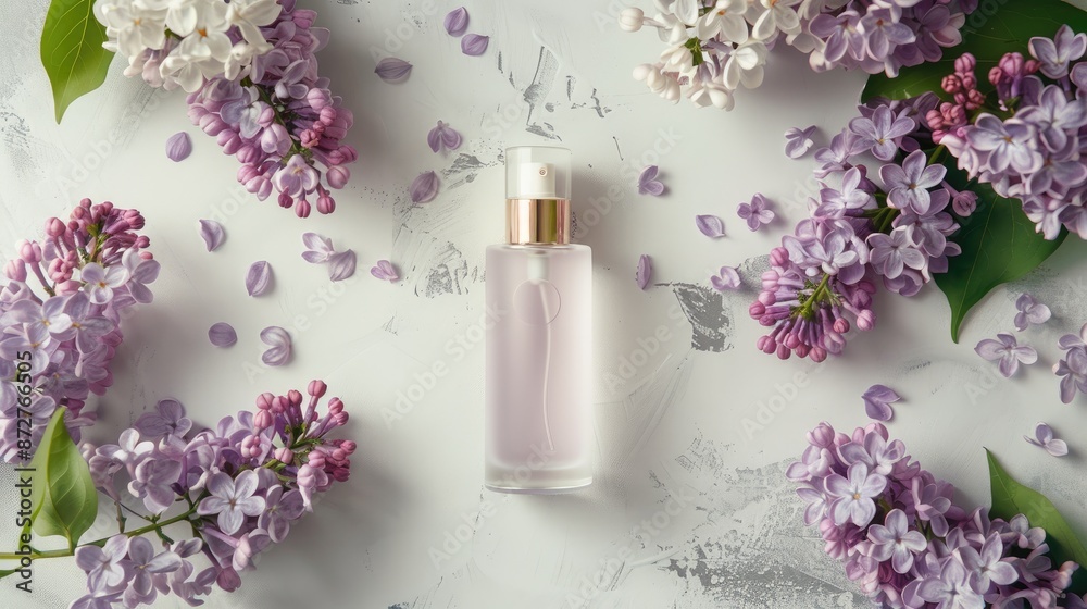 Beauty products and perfume with lilacs on a pale stone backdrop Beauty products and perfume with lilacs on a pale stone backdrop