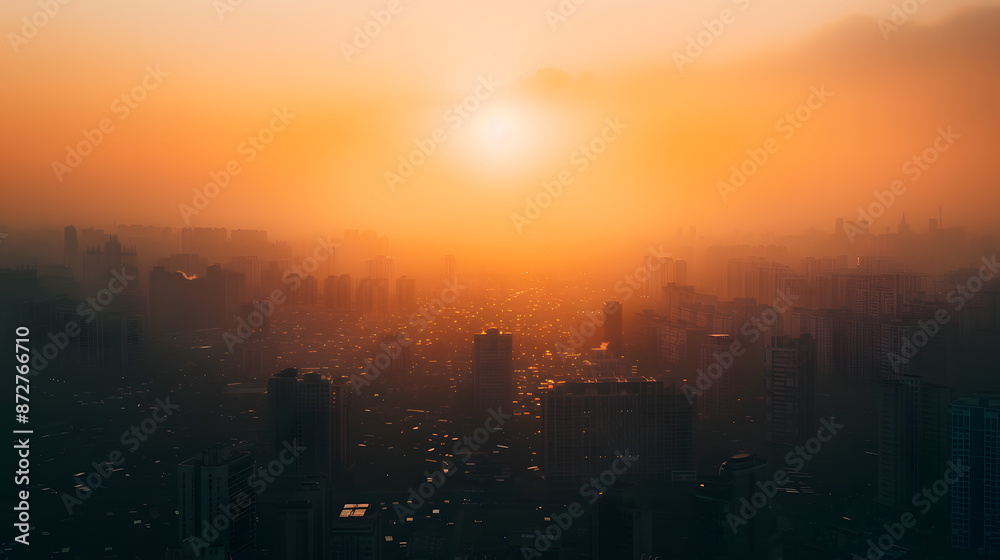 A city skyline with a bright orange sun in the sky A city skyline with a bright orange sun in the sky