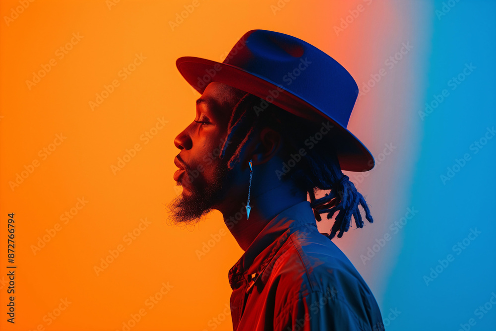 Side profile of stylish young african american man wearing fedora hat and dreadlocks against vibrant orange to blue gradient background Side profile of stylish young african american man wearing fedora hat and dreadlocks against vibrant orange to blue gradient background