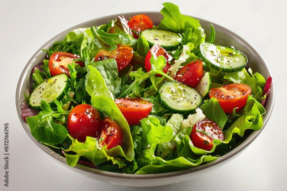 A bowl of fresh garden salad with mixed greens, cherry tomatoes, cucumbers, and a light vinaigrette dressing. Isolated on pure white background A bowl of fresh garden salad with mixed greens, cherry tomatoes, cucumbers, and a light vinaigrette dressing. Isolated on pure white background