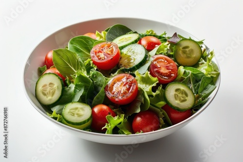 A bowl of fresh garden salad with mixed greens, cherry tomatoes, cucumbers, and a light vinaigrette dressing. Isolated on pure white background