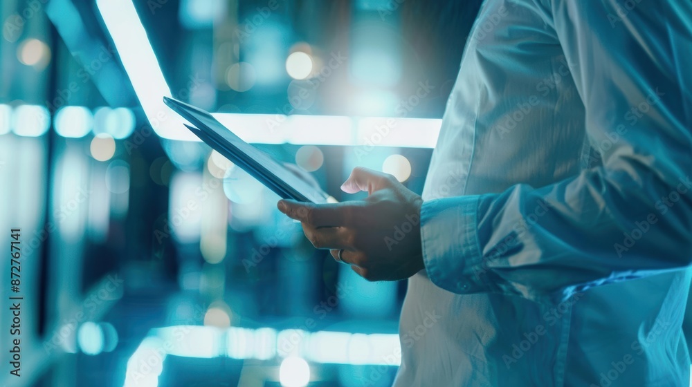 CEO reviewing budget with digital tablet in high-tech office, company budgeting, leadership