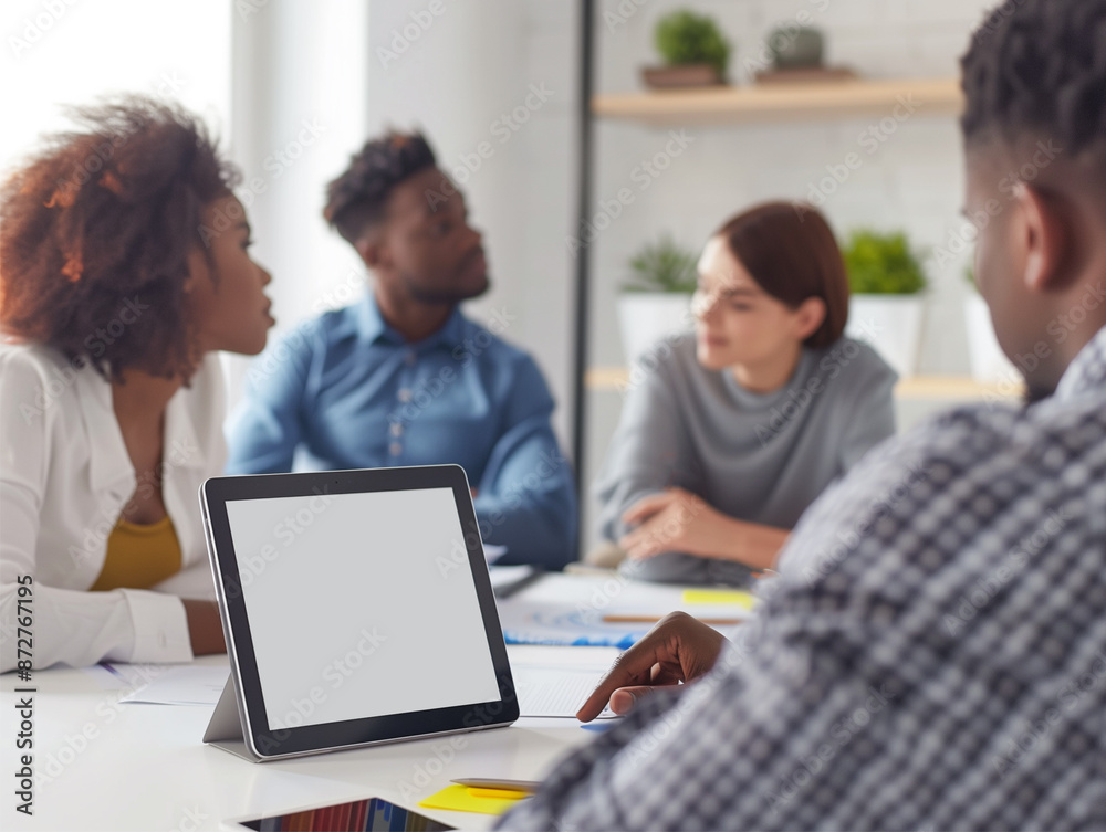 Group of Diverse Students or Coworkers Using Tablet with White Screen in Meeting, Corporate Data Mockup, DEIB, DEI, Brainstorm, Presentation Concept. Group of Diverse Students or Coworkers Using Tablet with White Screen in Meeting, Corporate Data Mockup, DEIB, DEI, Brainstorm, Presentation Concept.