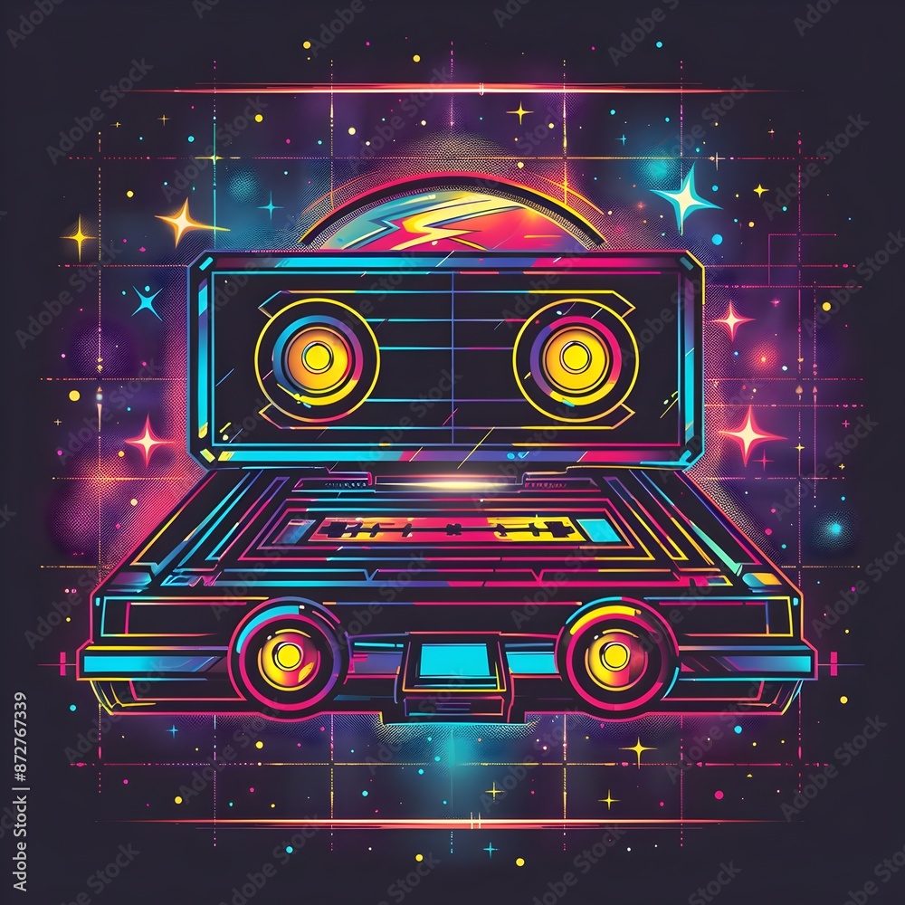 Fototapeta premium Retro Cassette Tape with Vibrant 80s-Inspired Mixtape Graphics