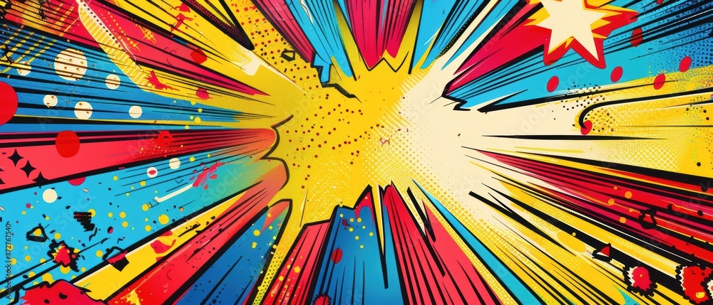 Bright and bold comic book explosion with retro pop art style, dynamic lines, vibrant colors and high-energy visual impact, abstract shapes Bright and bold comic book explosion with retro pop art style, dynamic lines, vibrant colors and high-energy visual impact, abstract shapes