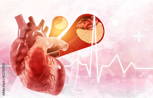 Human heart with cholesterol blocked artery. 3d illustration..