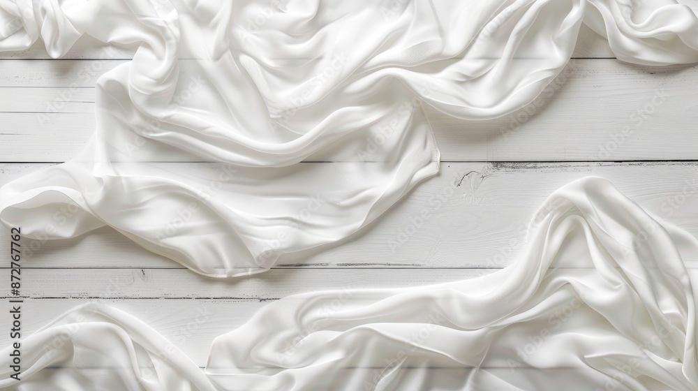 White silk material on white wooden backdrop with blank space White silk material on white wooden backdrop with blank space