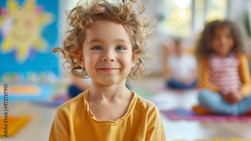 Portrait of a Child at Preschool Doing Yoga or Mindfulness Class, Kids in Kindergarten Exercise Mind and Body, Positive Education.