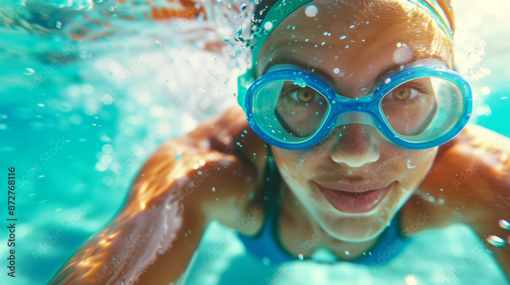 Naklejka premium Woman Swimming Underwater in Pool, Wearing Diving Goggles, Enjoying Summer Fun