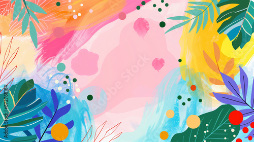 Colorful Abstract Pastel Watercolor Background with Pink and Green Foliage, Ideal for Spring and Summer Themes