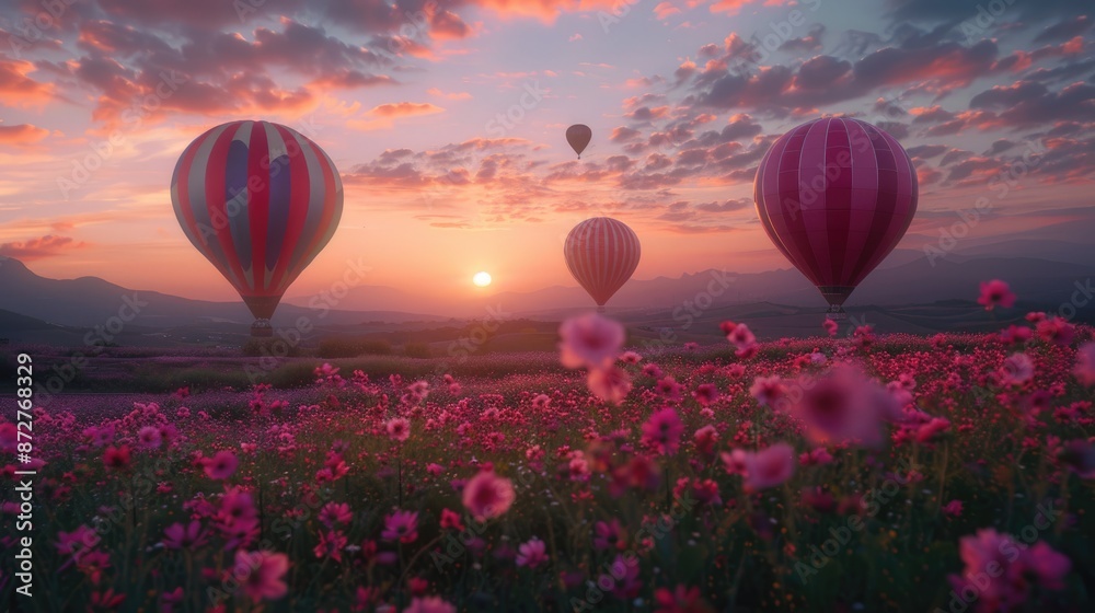 Fototapeta premium Flying hot air balloons and purple flowers