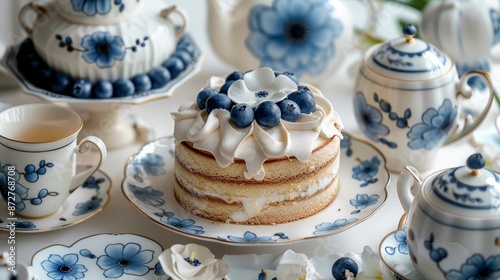 Close-Up Profile View of Delicious Slice of Porcelain Cake with Blue and White Teacups on White Table © Studios