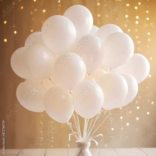 White party balloons with bokeh lights background for wedding, anniversary, holiday or celebration