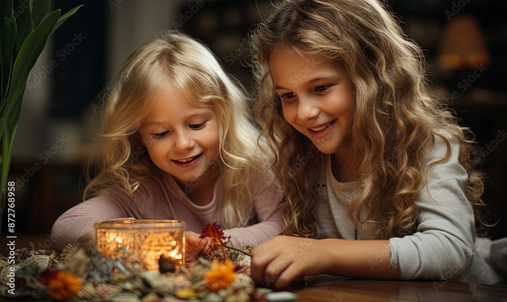 Two Young Girls Observing Candle on Table Two Young Girls Observing Candle on Table