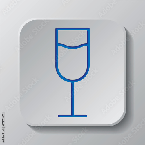 Glass of champagne simple icon vector. Flat design. Paper cut design. Cutted blue symbol with shadow. Gray badge button, gray background