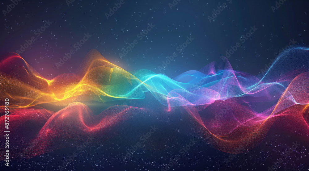 Fototapeta premium Abstract data visualization with colorful glowing waves and a night sky, representing digital sound waves.