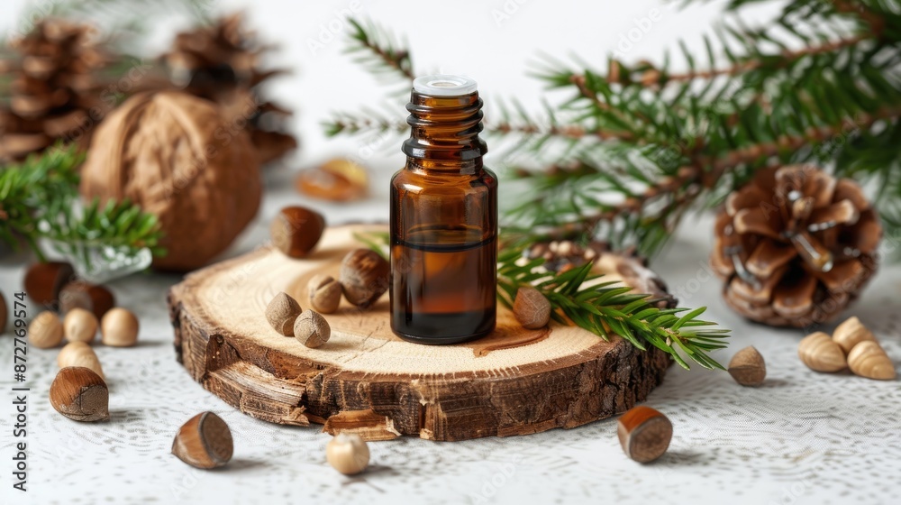 Small bottle containing cedar essential oil with conifer aromas surrounded by cedar branch and nuts on wooden slice on light background Small bottle containing cedar essential oil with conifer aromas surrounded by cedar branch and nuts on wooden slice on light background