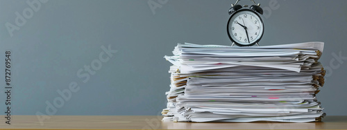 Stack of office documents with alarm clock on wooden table Concept of business Time management deadline ultimatum or work overload and stress during paperwork copy space for text  photo