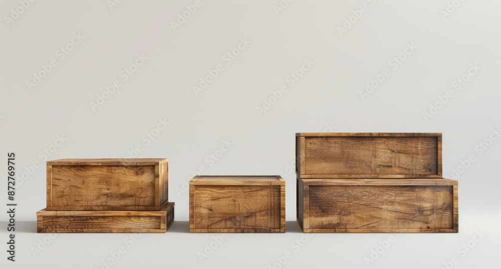Four wooden boxes of different sizes shown from the front view on a white background. Four wooden boxes of different sizes shown from the front view on a white background.