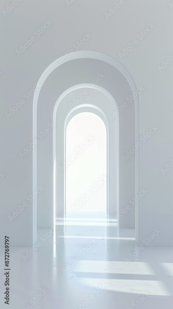 White background with an arched door, light sky, and white floor, minimalist style with space for text in the center. White background with an arched door, light sky, and white floor, minimalist style with space for text in the center.