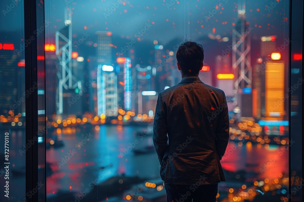 An office worker standing by a window, gazing out at the city skyline with a troubled expression, pondering the uncertainties and insecurities of their professional life An office worker standing by a window, gazing out at the city skyline with a troubled expression, pondering the uncertainties and insecurities of their professional life